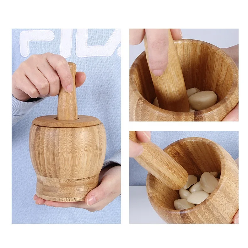 Modern Wooden Multifunction Manual Ginger Spices Pestle Press Grinder Large Small Kitchen Bamboo Mortar And Pestle Set