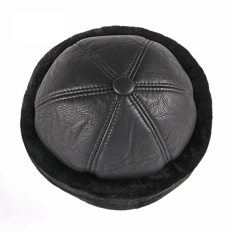 Wholesale Black Thickening Visorless PU Leather Men Winter russian Warm Hat custom LOGO