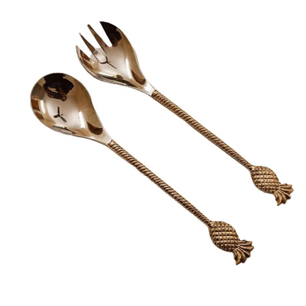 Stainless Steel Salad Server With Brass Embossed Ribbed Handle Palm Tree Design Western Stainless Steel Salad Server Style Bras
