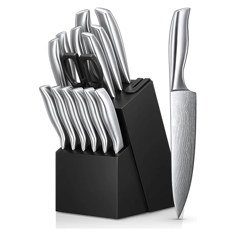 Luxurious 15 Pcs High Quality Knives Block Set Laser Damascus Pattern Kitchen Chef Knife Set with Classic Hollow Handle