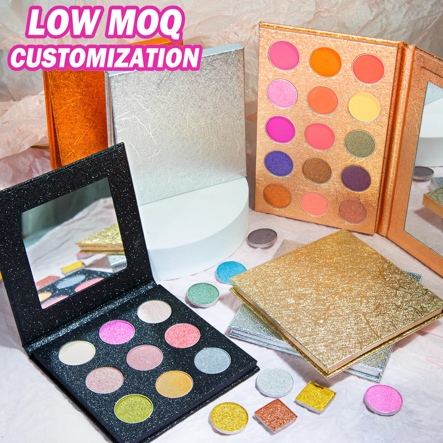 Частная этикетка изготовленным на заказ логосом со сверкающими золотистыми мерцающие тени для век Палитра теней для век под заказ