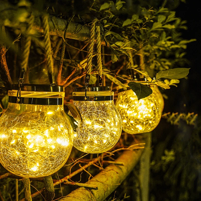 Hot Sale Outdoor Hanging Solar Globe Lanterns 20 LED Solar Crackle Glass Ball Lights With Hemp Rope For Garden Wedding Party