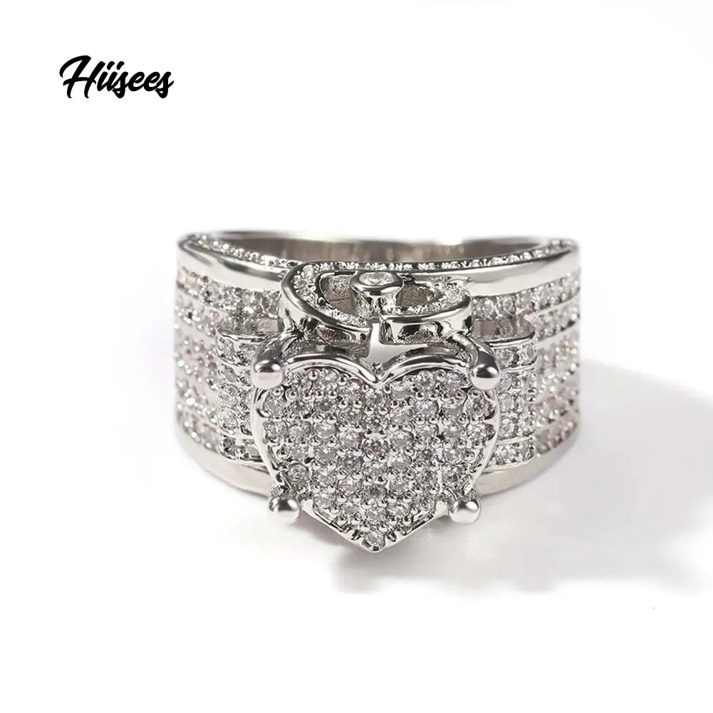 Hip Hop Fine Jewelry 18k Gold Rhodium Plated Diamond Heart Ring Full aaaaa Cubic Zircon Paved Heart Rings