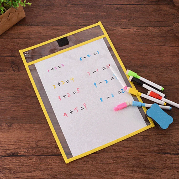 Promotional Transparent Plastic Reusable Sleeves Set Teacher Supplies Clear Pvc Document Bag Hanging Dry Erase Pockets