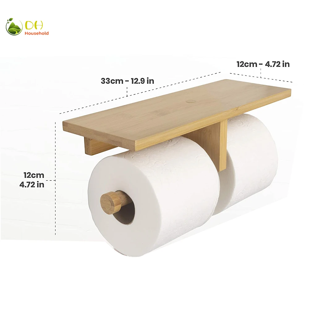 Bamboo Double Dual Toilet Paper Holder with Convenience Shelf Tray Modern Hanging Wall Mount for Toilet Paper Phone