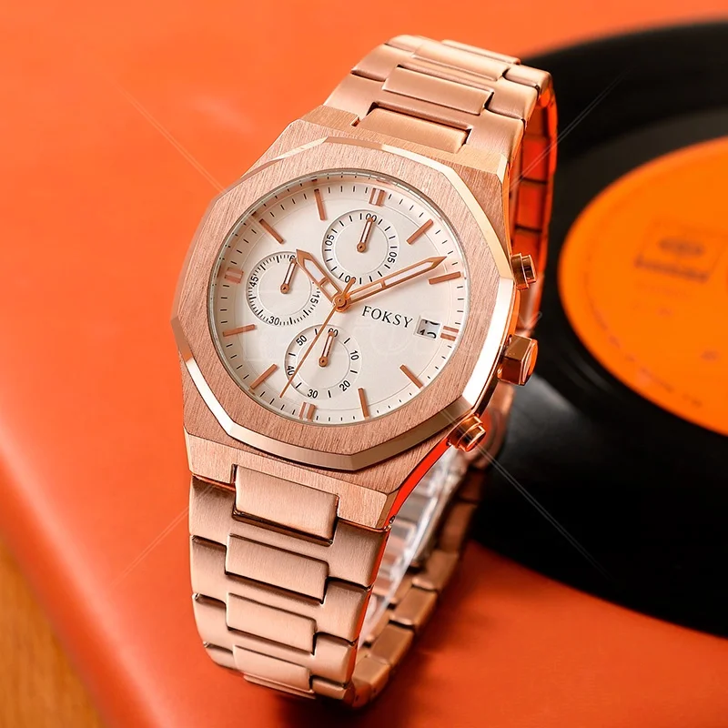 Alloy Case Analog Luminous Pointer Luxury Brand Moon Phase Wrist Quartz Movement Chronograph Men Watch