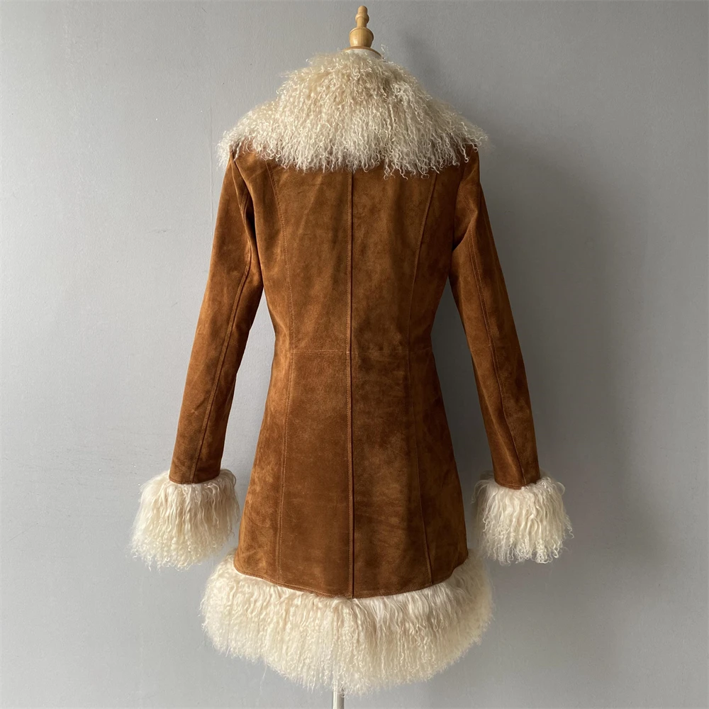 Fashion Luxury Genuine Sheep Leather Trench Coat Big Real Mongolian Lamb Fur Collar Custom Winter Suede Leather Coat for Women