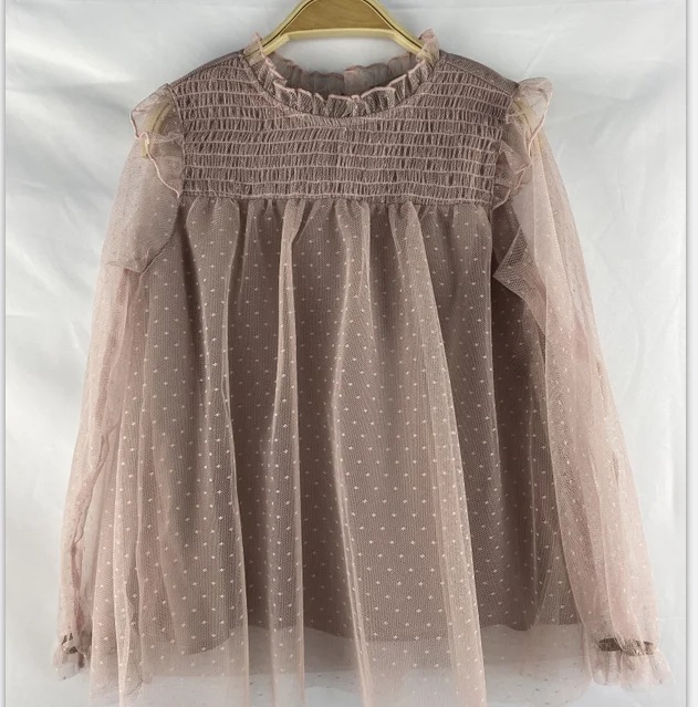
2020 New Design Kids Clothing With all over print dot mesh fabric Wholesale Girls blouse 