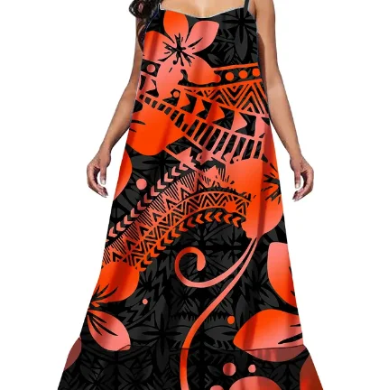 Red Tropical Island Pattern Frangipani Print Dress Thin Shoulder Strap Crewneck Suspender Dress Beach Clothing Print On Demand