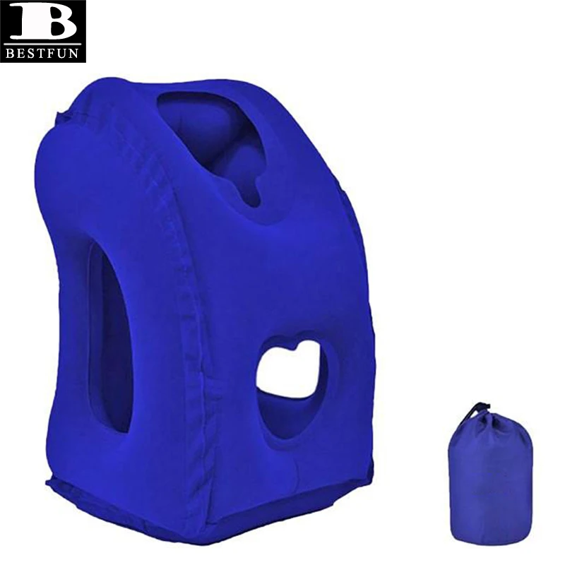 downy flocking inflatable travel pillow with head and arm rests for airplane, bus, train, car, camping, backpacking