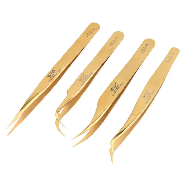 Original VETUS Gold Tweezers MCS Series Eyelash Extension Forceps McS-12 McS-15 McS-18 McS-19