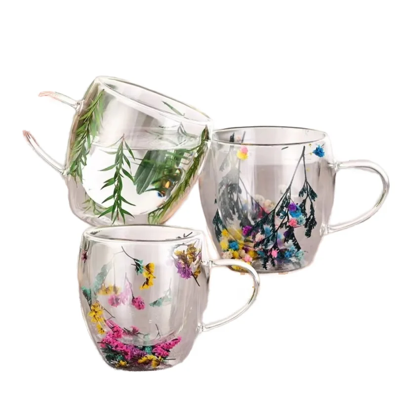 Creative Double Wall Coffee Mug Real Dried Flower Filler Glass Cups Tea Coffee Cup With Handles Heat Resistant Mug Gift