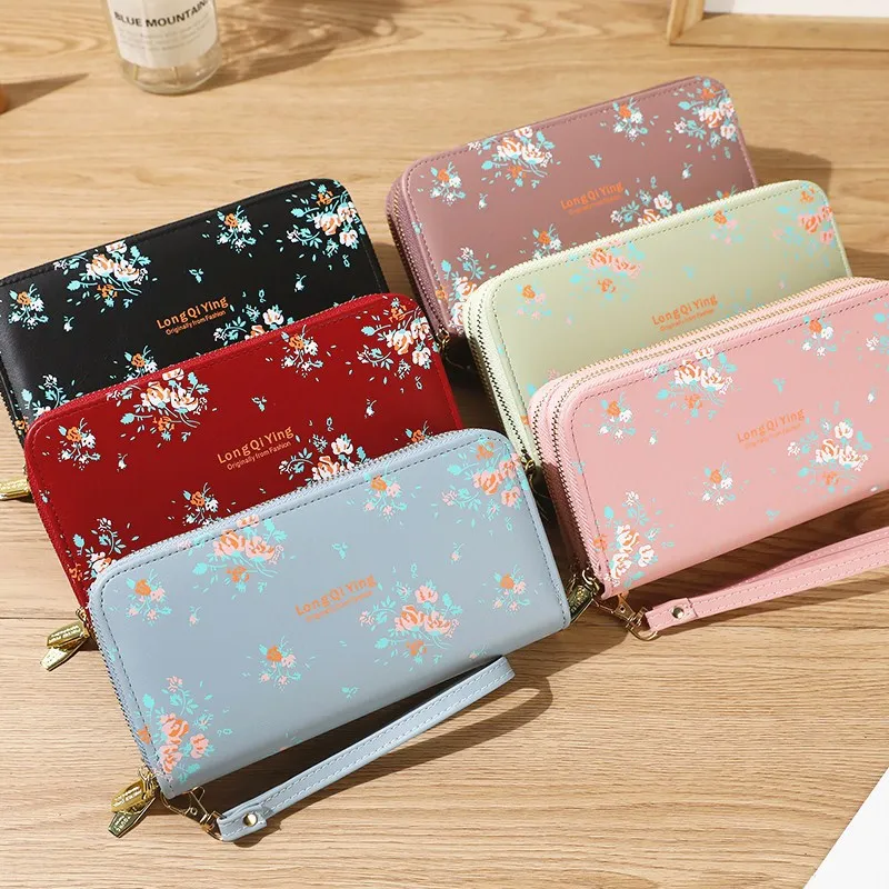 Fashion Flower Wrist Handle Phone Money Pocket Pouch Wallets PU Leather Ladies Purse for Women Long Wallets