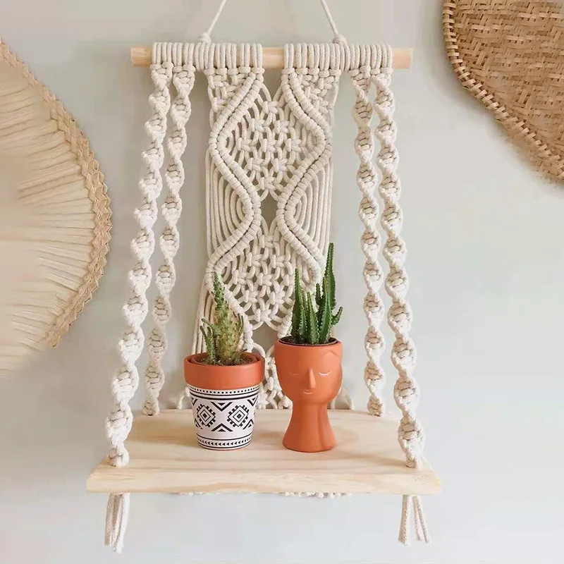 Indoor Outdoor Floating Wood shelve Decorative Hand Made Rope Boho Shelving Macrame Wall Hanging Shelf for Plants
