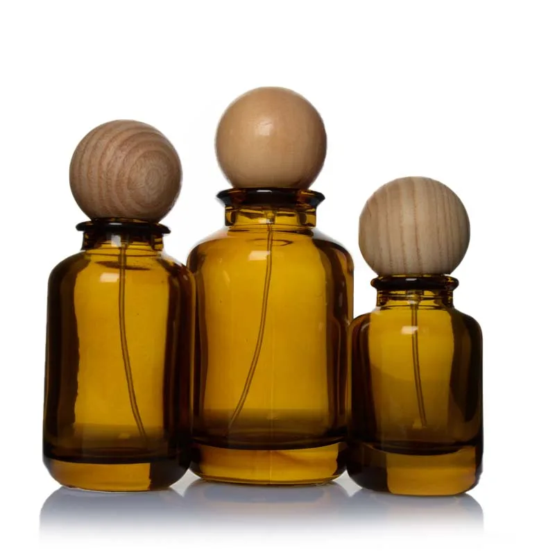 Amber Bottle 30ml 50ml 100ml Round Glass Empty Perfume Bottle With Wood Ball Lid