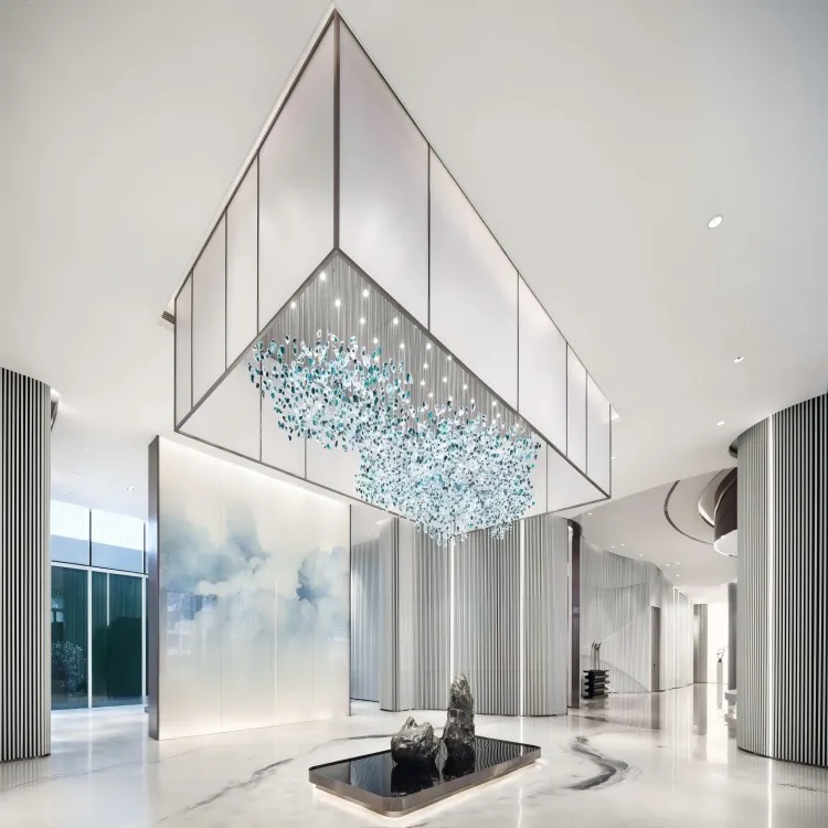 modern Design Luxury Indoor Crystal Stone Metal Body Project Light Villa Lobby Green glass Led Chandelier for wedding decor