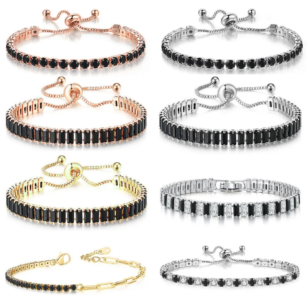 Black Crystal Tennis Bracelet for Men Women Adjustable Steampunk Zirconia Bangle Chain on Hand Hip Hop Hippie Punk Gifts Jewelry
