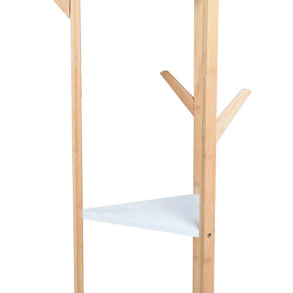 Hot selling nordic simple floor indoor standing bamboo garment coat clothes hanger rack with shelf
