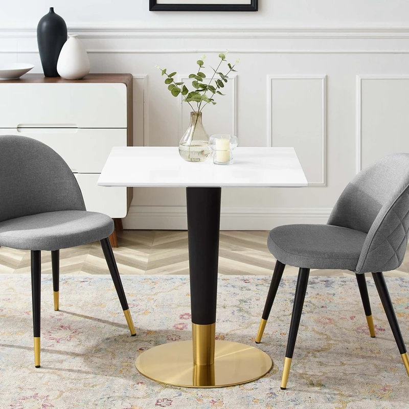Home furniture space saving white coating mdf top and black gold metal pedestal base leg square dining table