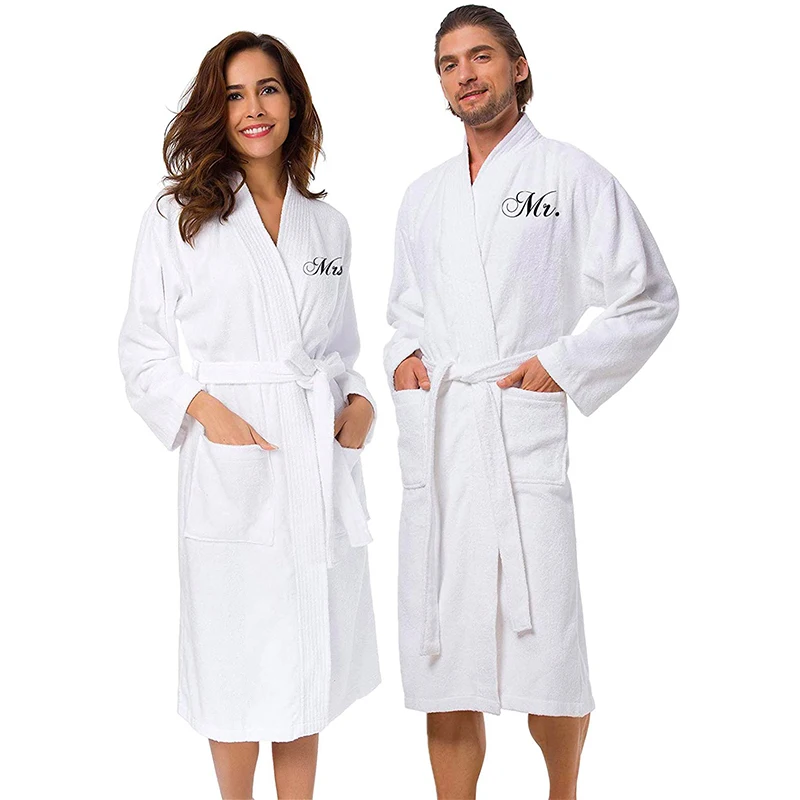 Luxury 100% Cotton Mr Mrs Spa Terry Towel Bathrobe White King Queen couple Robes for Resort Hotel Bathroom