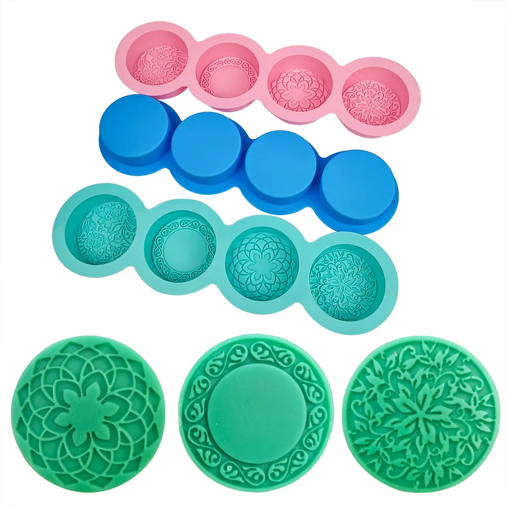 DM448 Custom 4 Holes Round Shape Flower Carved DIY Cake Baker Pan Moule Savon Silicone Mold for Soap Candle Making