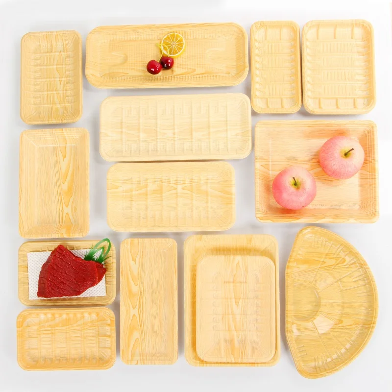 sector wood grain plastic tray fresh packaging disposable  box travel picnic supermarket display refrigerator  packaging tray