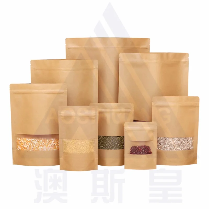 3 layer laminated Food paper bags Resealable Heat Sealable kraft paper Doypack Packaging Pouches Bag With Clear Window