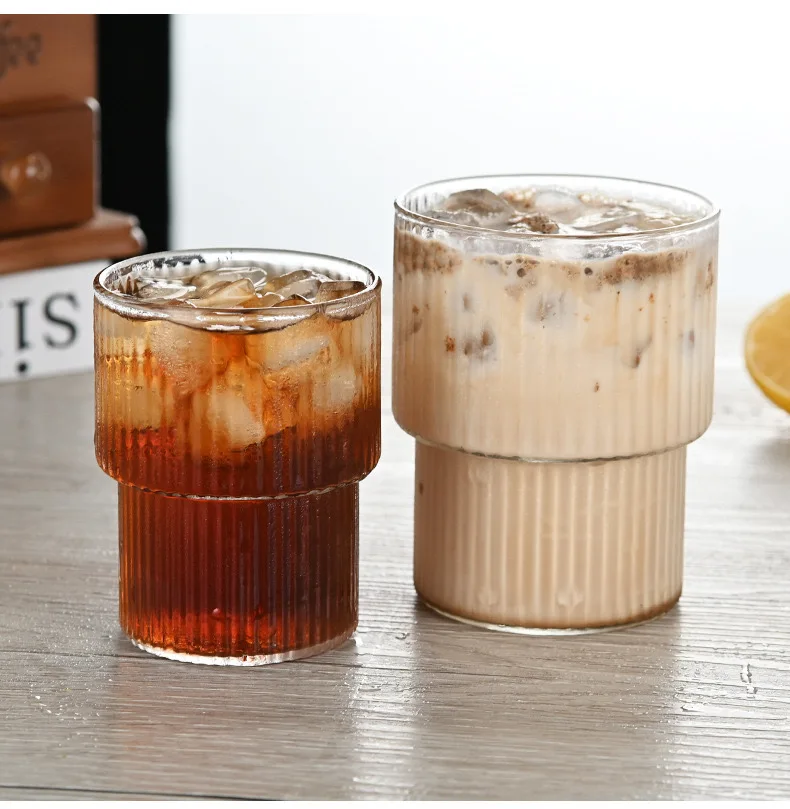 High Quality Reusable Glass Cup Striped Coffee Tumbler Irregular Water Glasses for Cafe Shop and Party