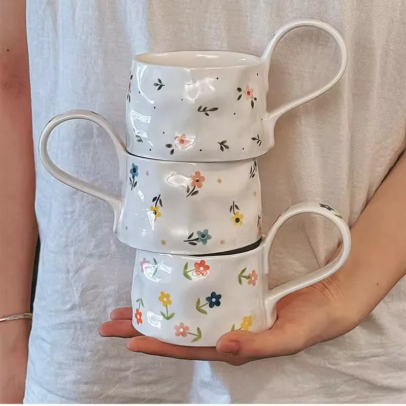 Korean creative hand-painted flower bow ceramic mug and saucer INS cute light luxury high-end coffee cup set