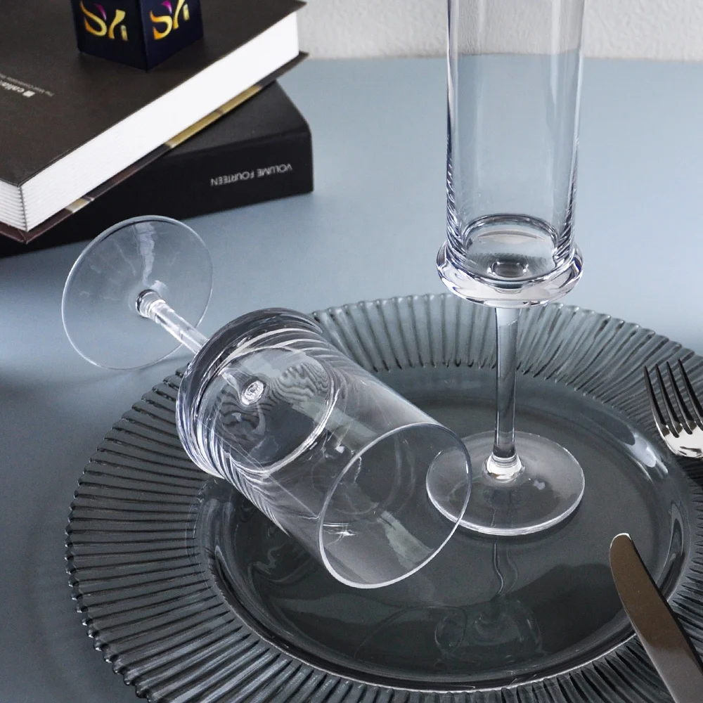 Hot selling creative straight edge design cylinder goblet wine champagne glass crystal drinkware cups set