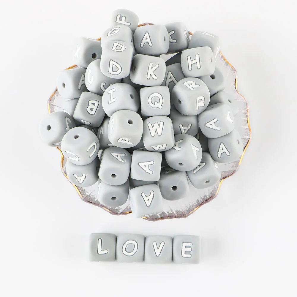 Factory Wholesale Melikey Soft Silicone Beads Alphabet Loose Beads BPA Free 12mm Square Cube Silicone Alphabet Letter Beads