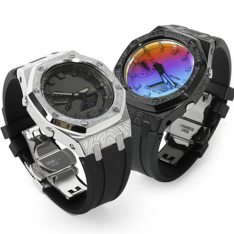 GA2100 Mod Kit Embossed Metal Case Rubber Strap for GA-2100 GA2110 GA-B2100 Watch Parts Replacement