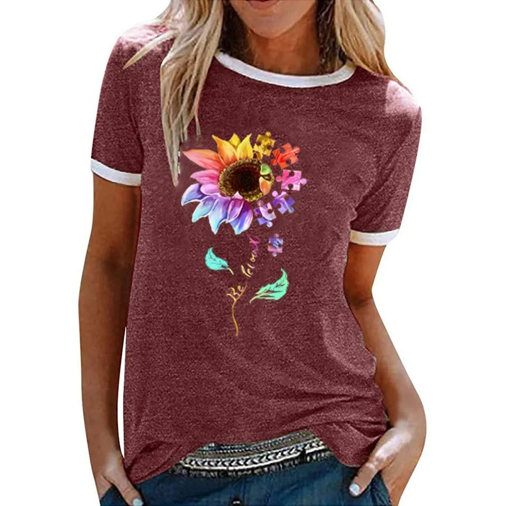 2021 Summer Women Vintage Flower Print Shirts Womens Blouse Short Sleeve T Shirts And Tops Sunflower Shirts