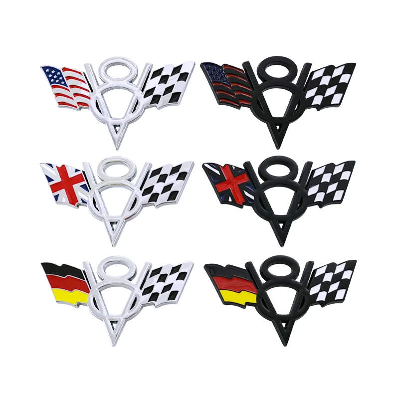 V8 Metal Car Sticker Racing Flag National Flag Modified Sticker,Manufacturers customize car stickers with superglue personality
