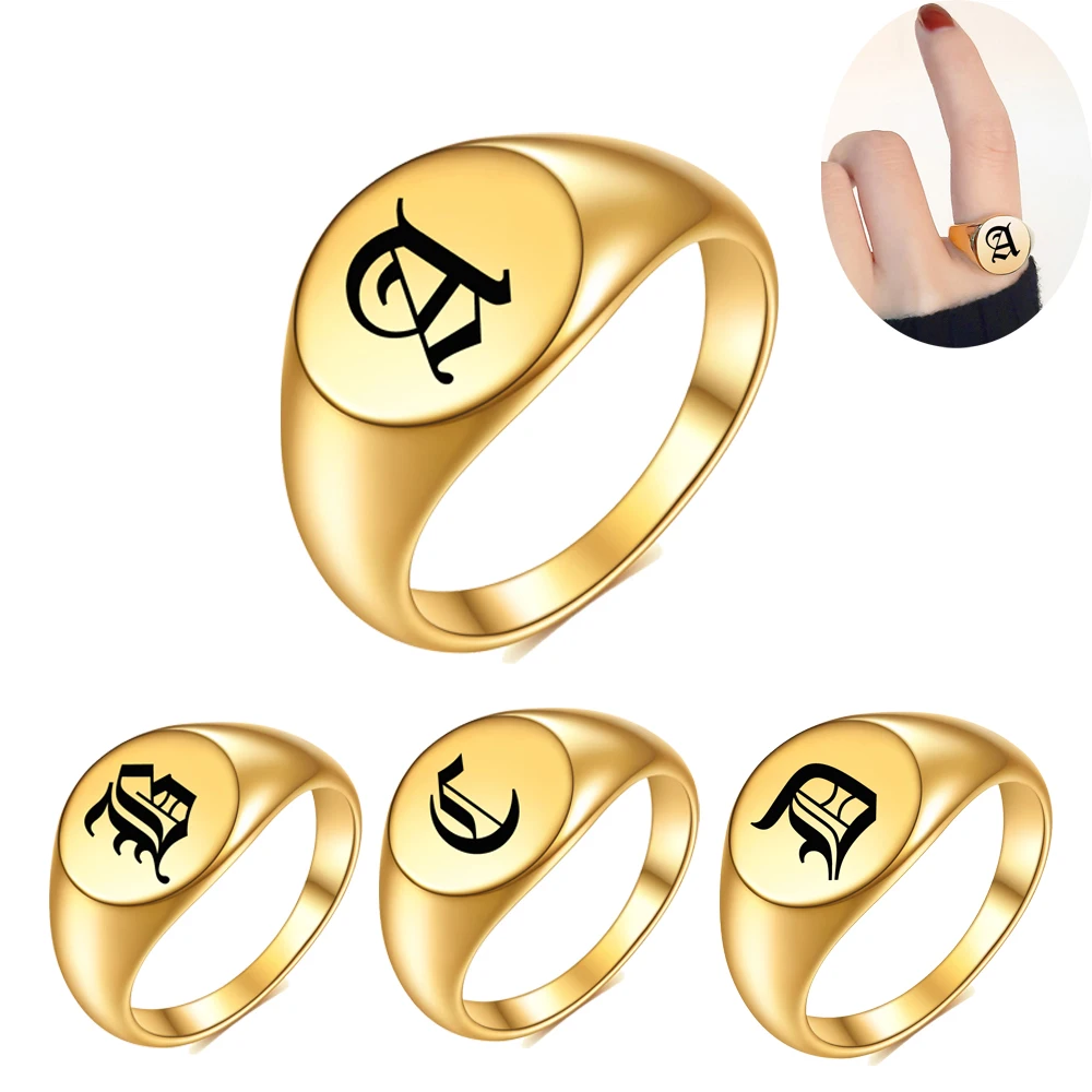 Punk Finger Jewelry Gold Plated Stainless Steel Signet Letter  Customize Initial Stamp Ring