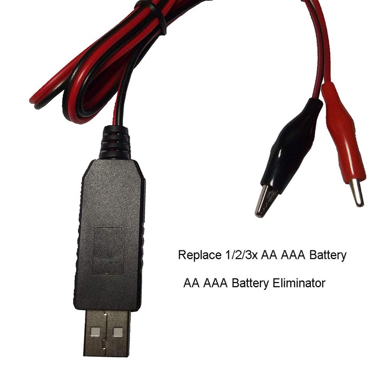 Replace AA AAA battery power supply cord. This eliminates the need for 1.5V AA AAA batteries. Suitable for electric toy,Thermometer, Clocks,Calculator,power remote controller, wireless mouse, keyboard, Walkman and more devices Input USB 5V,output DC 1.5V,3V,4.5V(optional)but this cable can not use to charge battery. Output 1.5V Replace 1 AA battery,Output 3V Replace 2 AA battery,Output 4.5V Replace 3 AA battery.