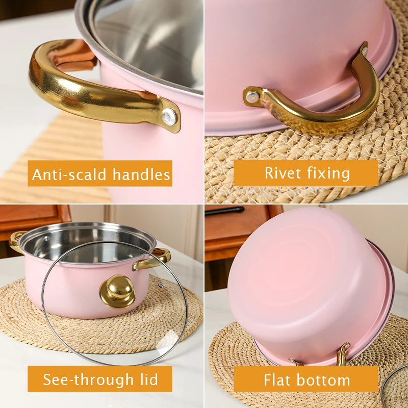 12 Pcs Pink Casseroles Soup Stock Pots Cast Iron Frying Pan Stainless Steel Cooking Pots And Pans Non Stick Cookware Sets