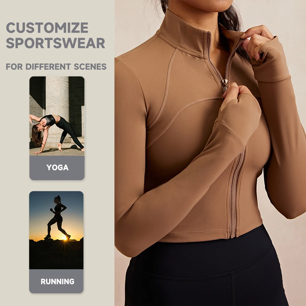 JIEJIN Fashionable Women Sports Gym Tight Athletic Windbreaker Cropped Long Sleeve Zipper Yoga Jacket With Finger Hole