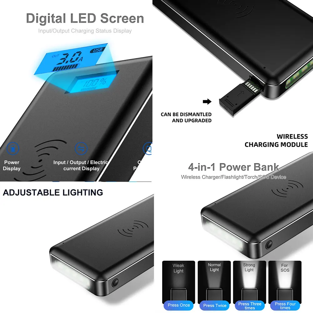 Qi Быстрое беспроводное зарядное устройство 20000 мАч Зарядное для путешествий двойной USB ЖК-дисплей светодиодный внешний аккумулятор мобильного телефона