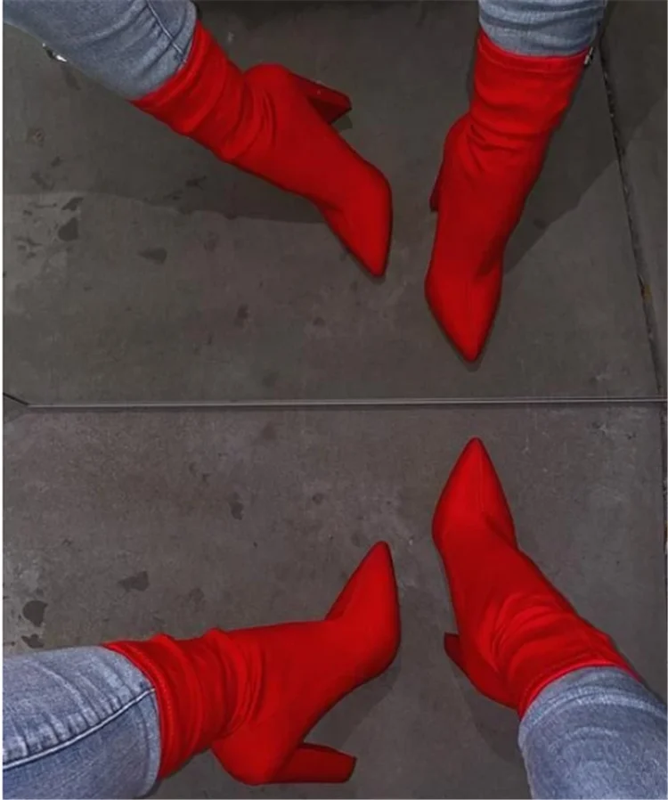 2021 Ins Hot  Women Autumn Winter  Pointed Toe High Block Heel Ankle Boots Leopard Sock Booties Big size