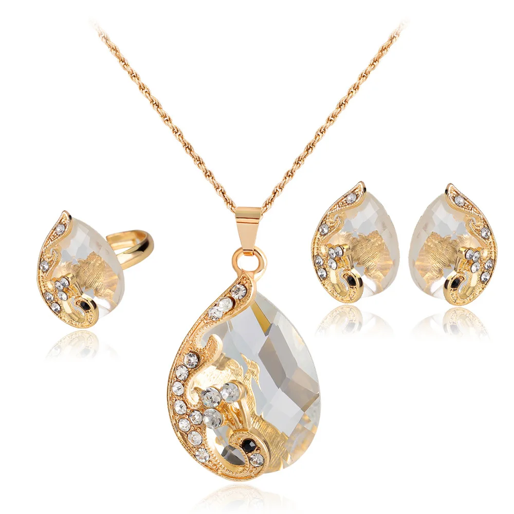 Luxury Minimalist Bling Austrian Crystal Waterdrop Necklace Rings Earrings Set For Wedding Bride