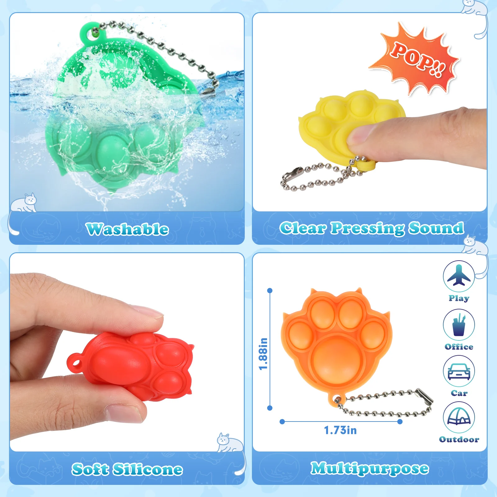 30 PCS Pop Fidget It Keyrings, Mini Silicone Cat Claw Design Pop Sensory Toys, Birthday Class Gifts Party favour for Girls Boys