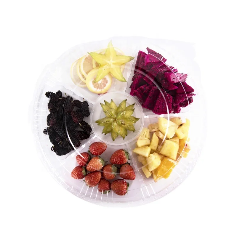 Disposable round plastic 6 compartment fruit food packaging box container