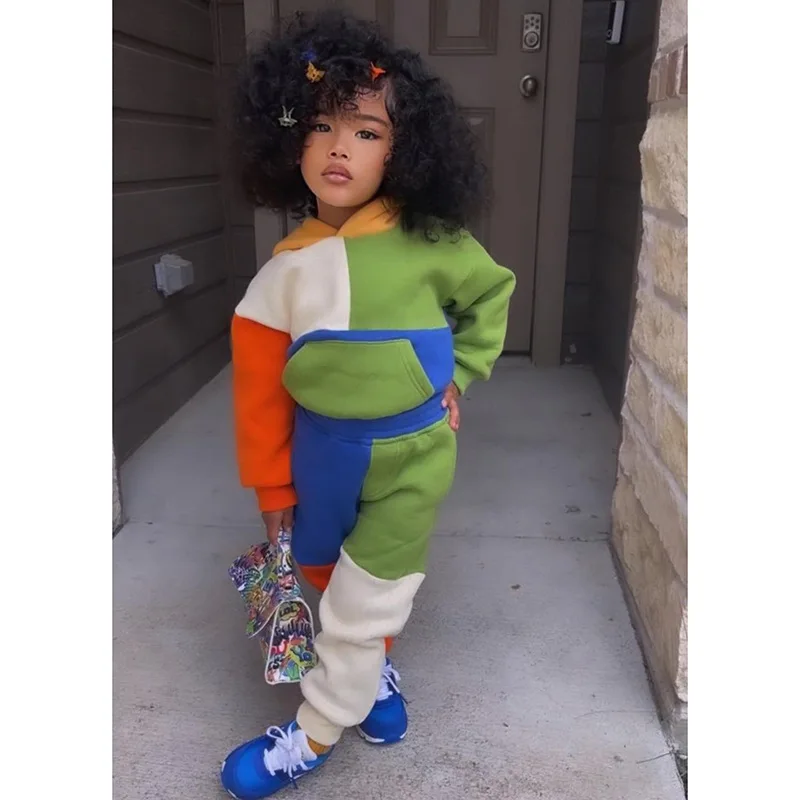 Wholesale autumn new fashion color patchwork children long sleeve hoodie set