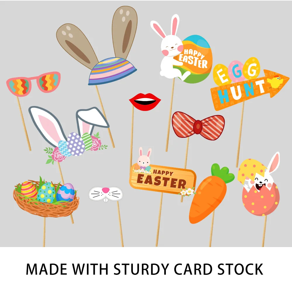 Good Price Happy Easter Photo Booth Props Bunny Eggs 25 PCS Party Selfie Props Kit with Sticks