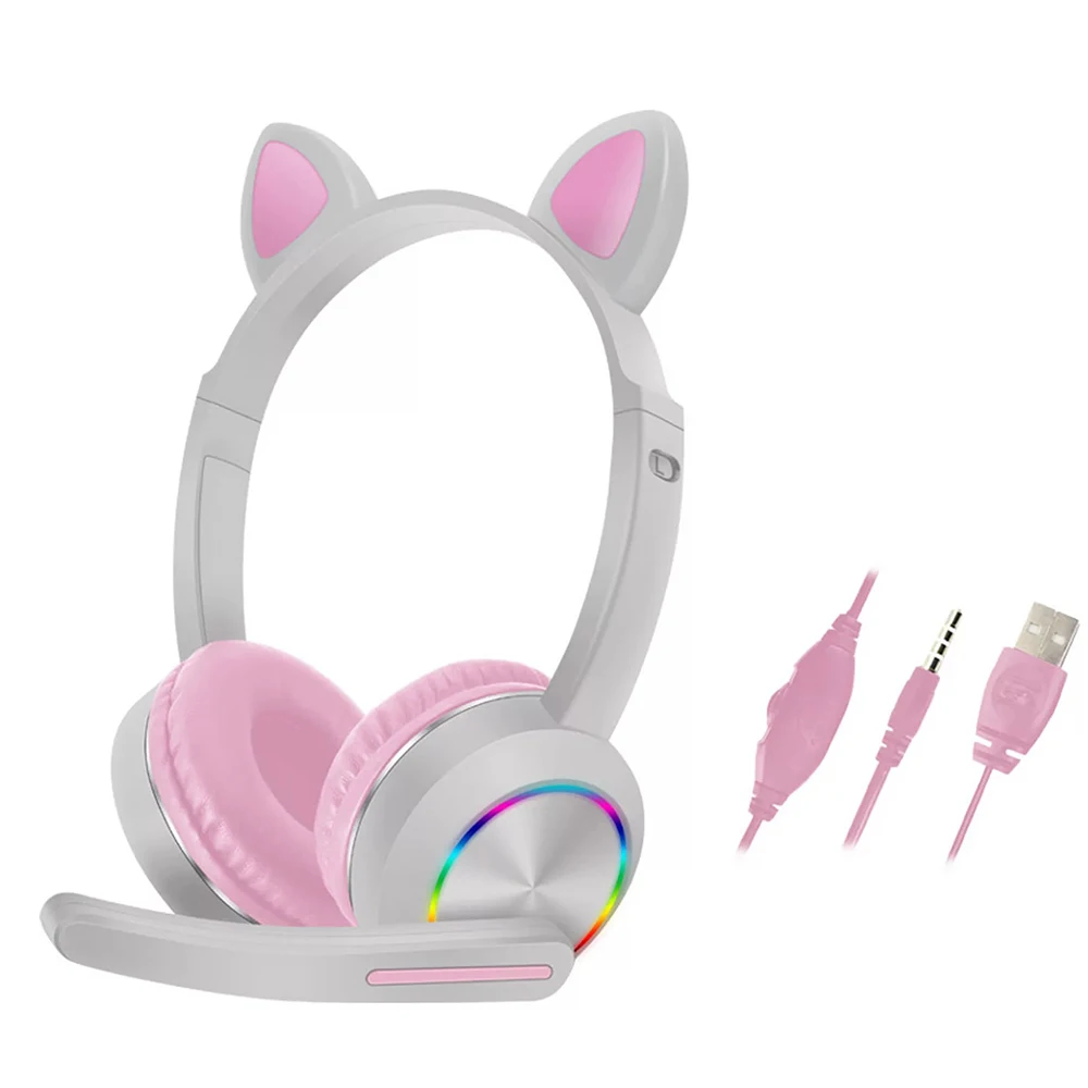 OEM Customized Logo Cute Cat Ears Headphones Flashing LED Blutooth Wireless Headset with Mic Stereo Music Earphone for Computer