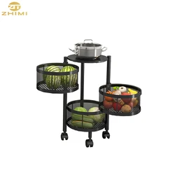 Carbon Steel 5 Tiers Kitchen Shelf  Movable Round Kitchen Trolley Cart Storage Vegetable Fruit Basket Rack