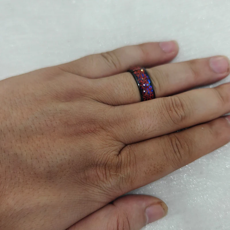 wholesale dropping Hot Selling 6mm 8 mm Red Opal wedding Black steel hammered Dome Black carbide tungsten ring