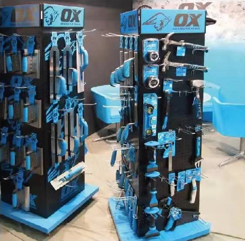 Rotatable 4-sided Four Wheels Hardware Tool Pegboard Display Rack, Free Standing Wheeled Movable Rotating Metal Display Stand