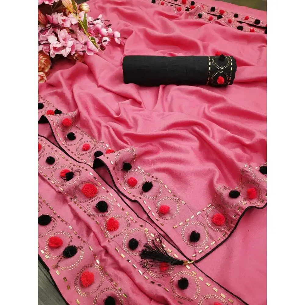 Pom Diamond Work Saree with Blouse Piece Indian Women Wear Festival Sari Cheap Low Price Wholesale Manufacturing Surat Alphanumero